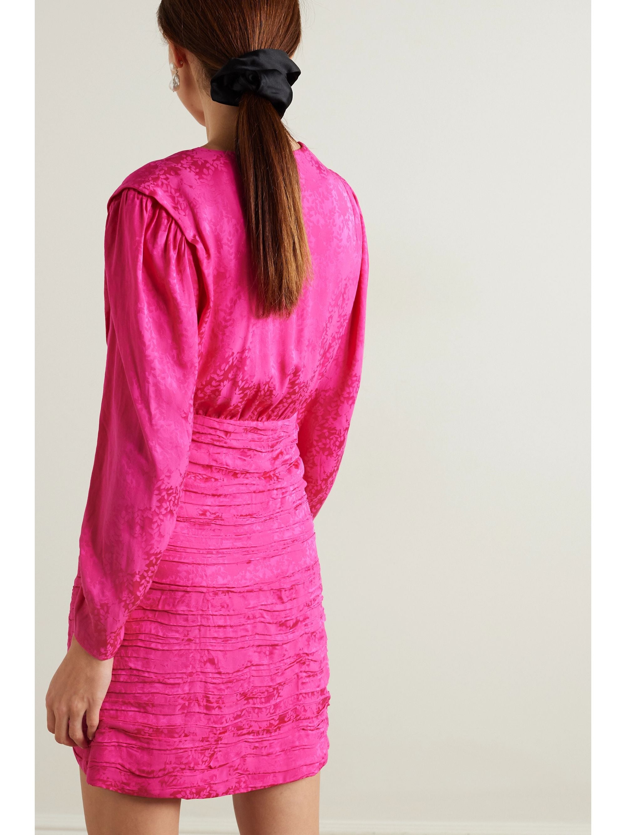 Rixo Ruched Satin Rose Jacquard Pink Mini Dress