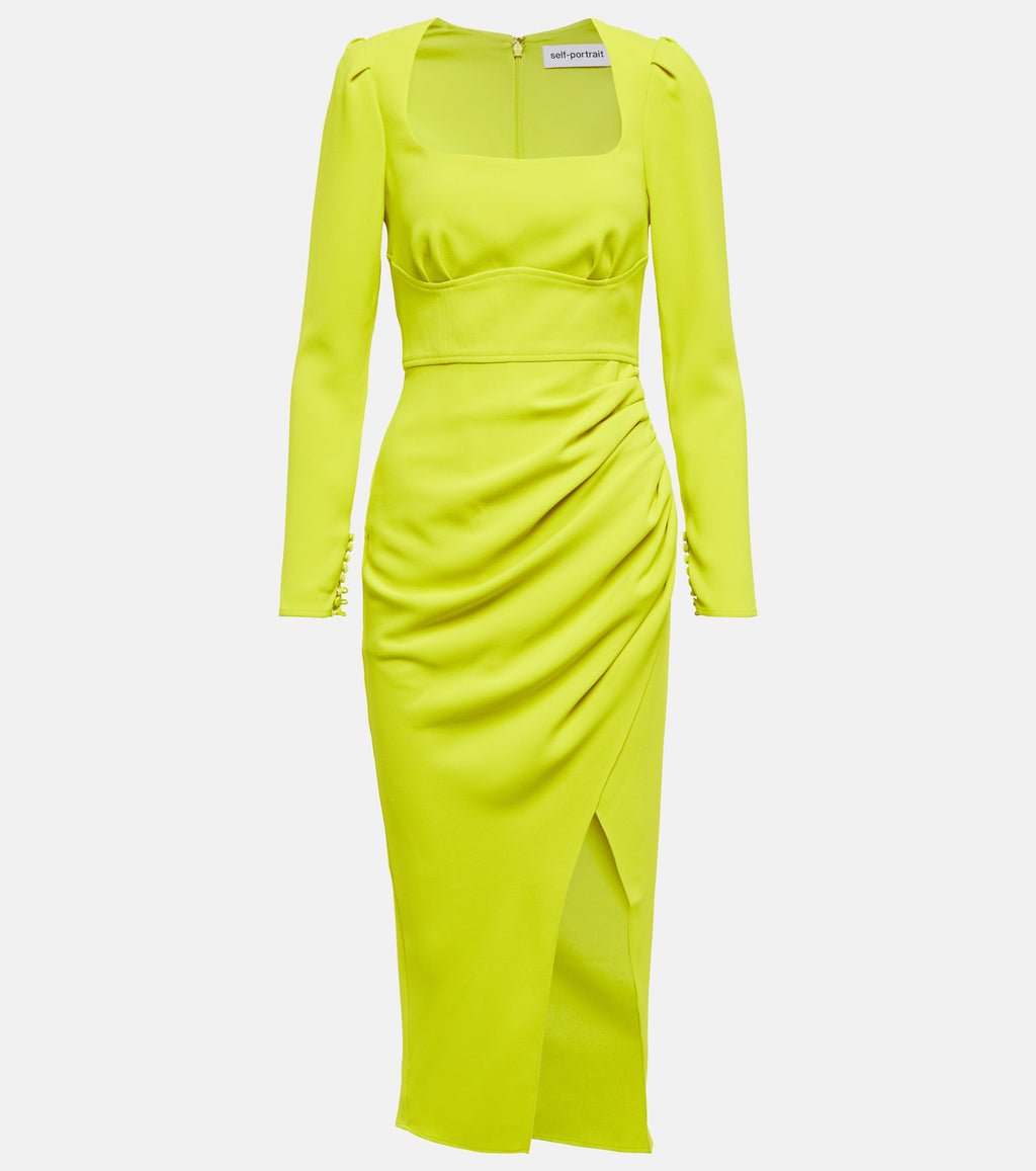 Self-Portrait Lime Green Ruched Crêpe Midi Dress