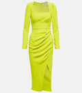 Self-Portrait Lime Green Ruched Crêpe Midi Dress