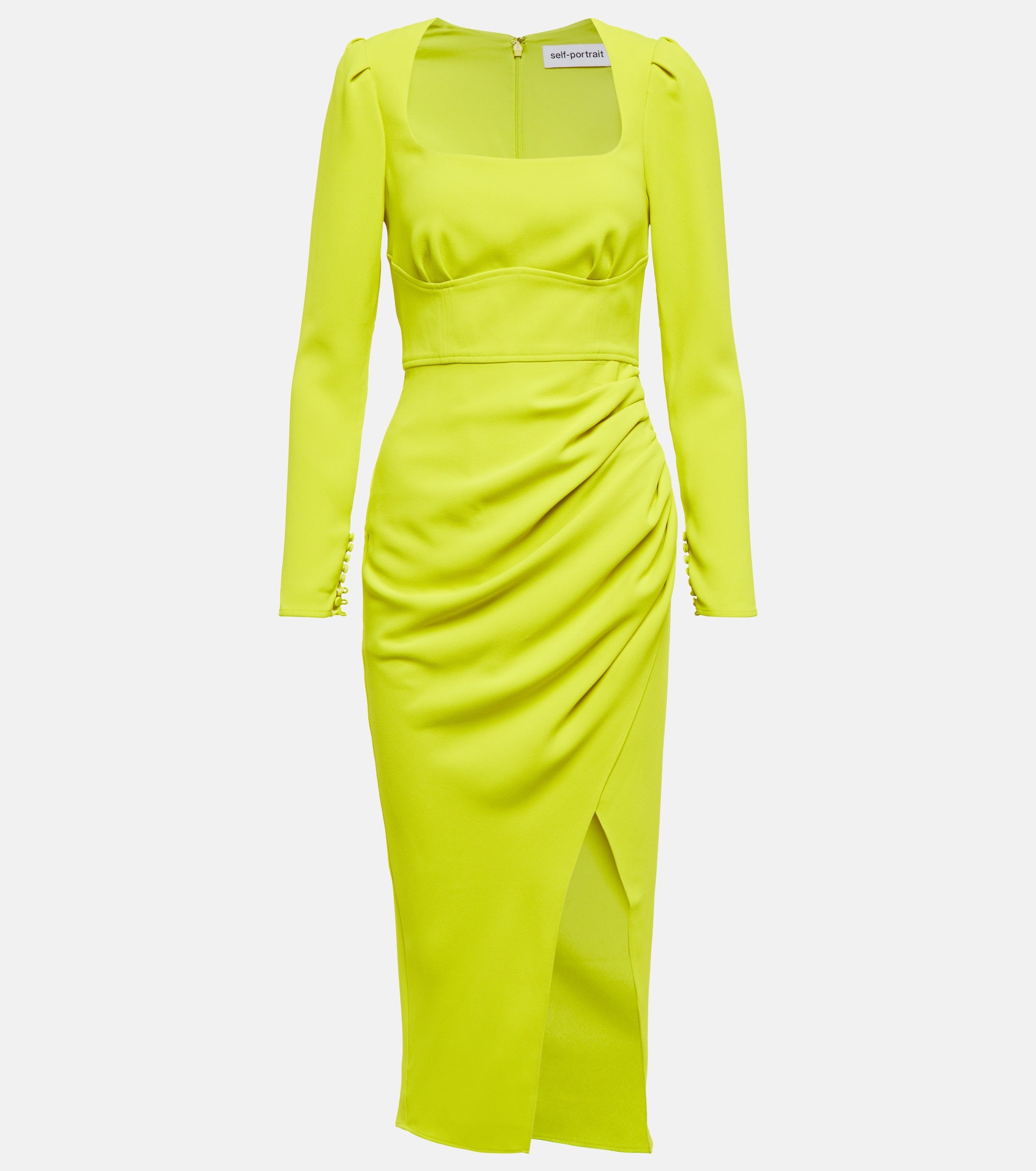 Self-Portrait Lime Green Ruched Crêpe Midi Dress