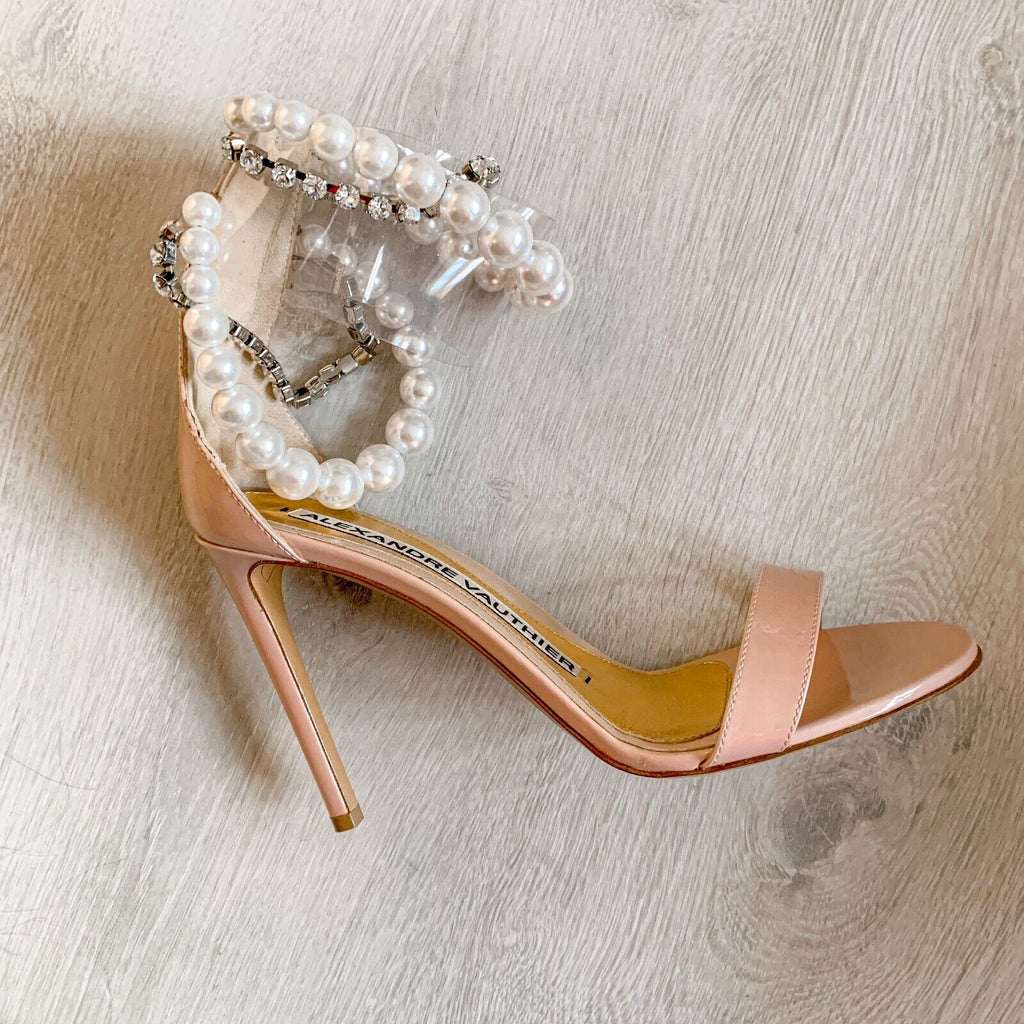 Alexandre Vauthier Pearl Crystal Ankle Strap Pink Sandal High Heels - House Of Huntington