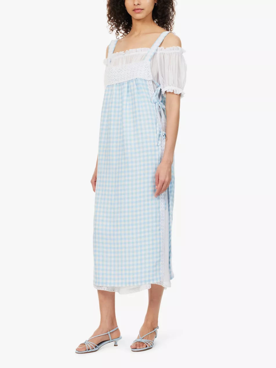 Sleeper Greta Gingham Blue White Pattern Linen Midi Dress