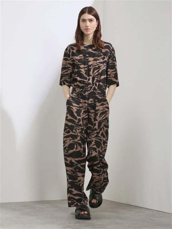 RAEY Camo-Tiger Print Silk Cinched Elastic Waist Wide-Leg Jumpsuit - House Of Huntington