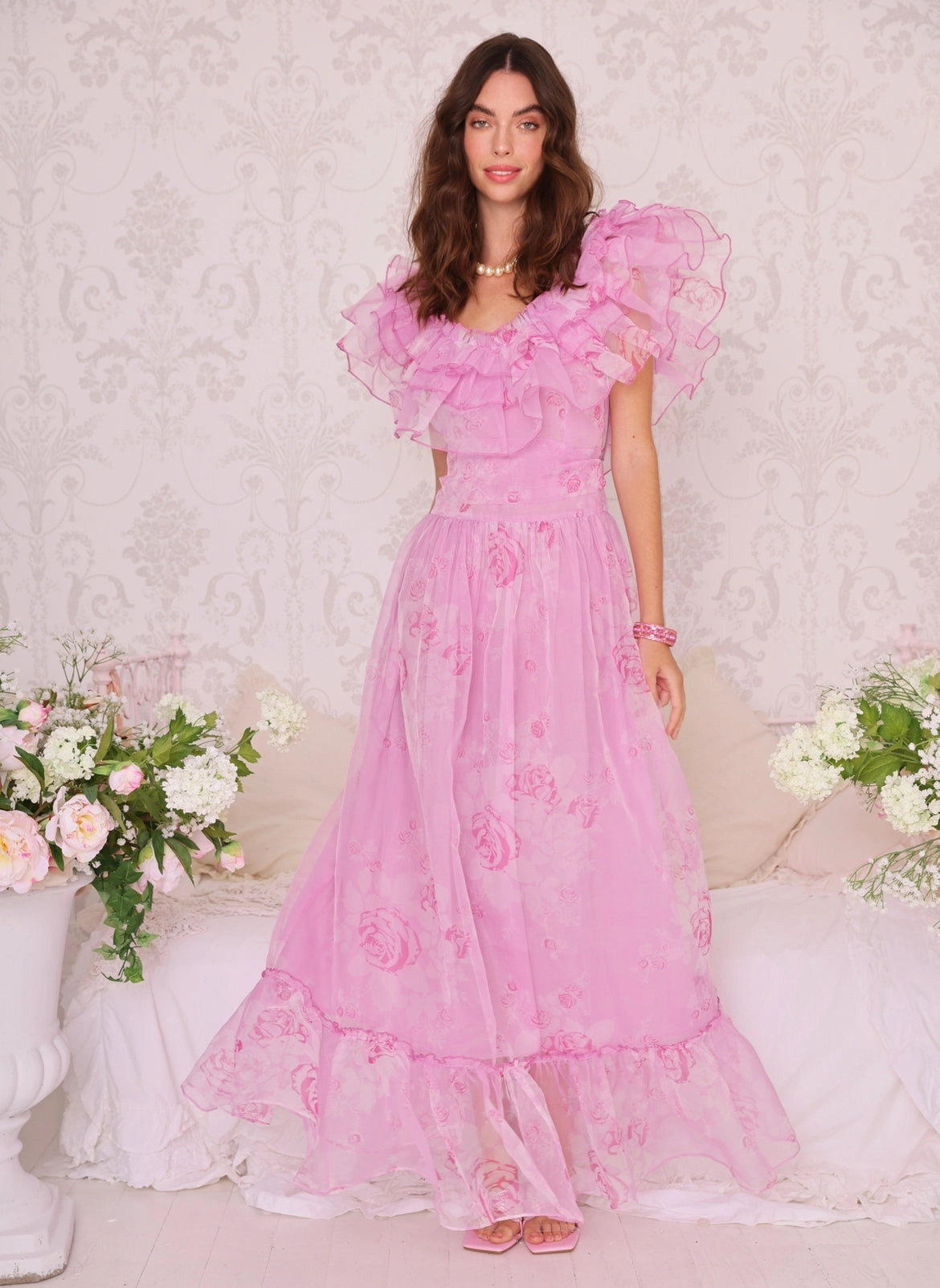 Amy Jane London Pink Aurora Fairytale Organza Floral Ruffle Neck Whimsy Gown - House Of Huntington
