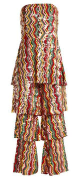 Osman London Rainbow Red Yellow Pink Sequinned Strapless Tiered Flounce Leg Tamina Jumpsuit