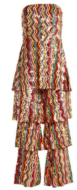 Osman London Rainbow Red Yellow Pink Sequinned Strapless Tiered Flounce Leg Tamina Jumpsuit