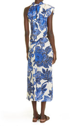 JOHANNA ORTIZ Gotas De Fuego Cutout Draped Floral-Jacquard Blue Midi Dress - House Of Huntington