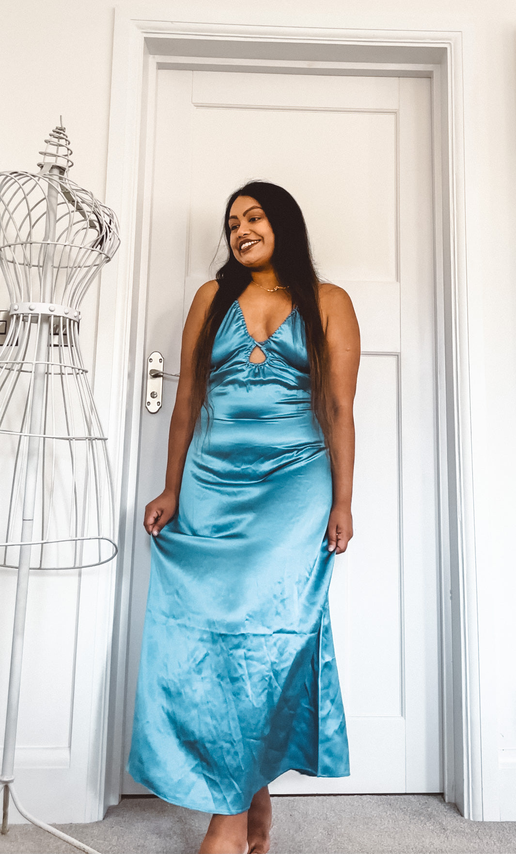 Reformation Antoni Keyhole Silk-Satin Midi Dress in Grotto Blue - House Of Huntington