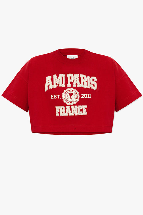 Ami Paris – Rotes, kurzes, kastenförmiges T-Shirt mit Logo auf der Vorderseite