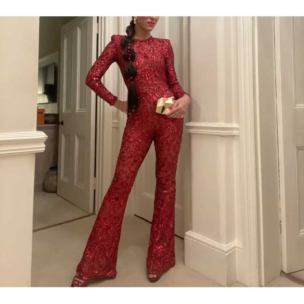 NADINE MERABI Red Bella Fully Sequinned Nude Lace Jumpsuit - House Of Huntington