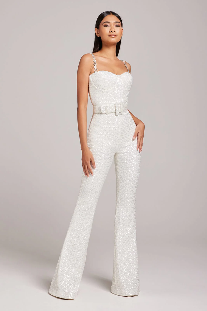 NADINE MERABI Lucinda White Sequinned Corseted Flared Leg Bridal Jumpsuit - House Of Huntington