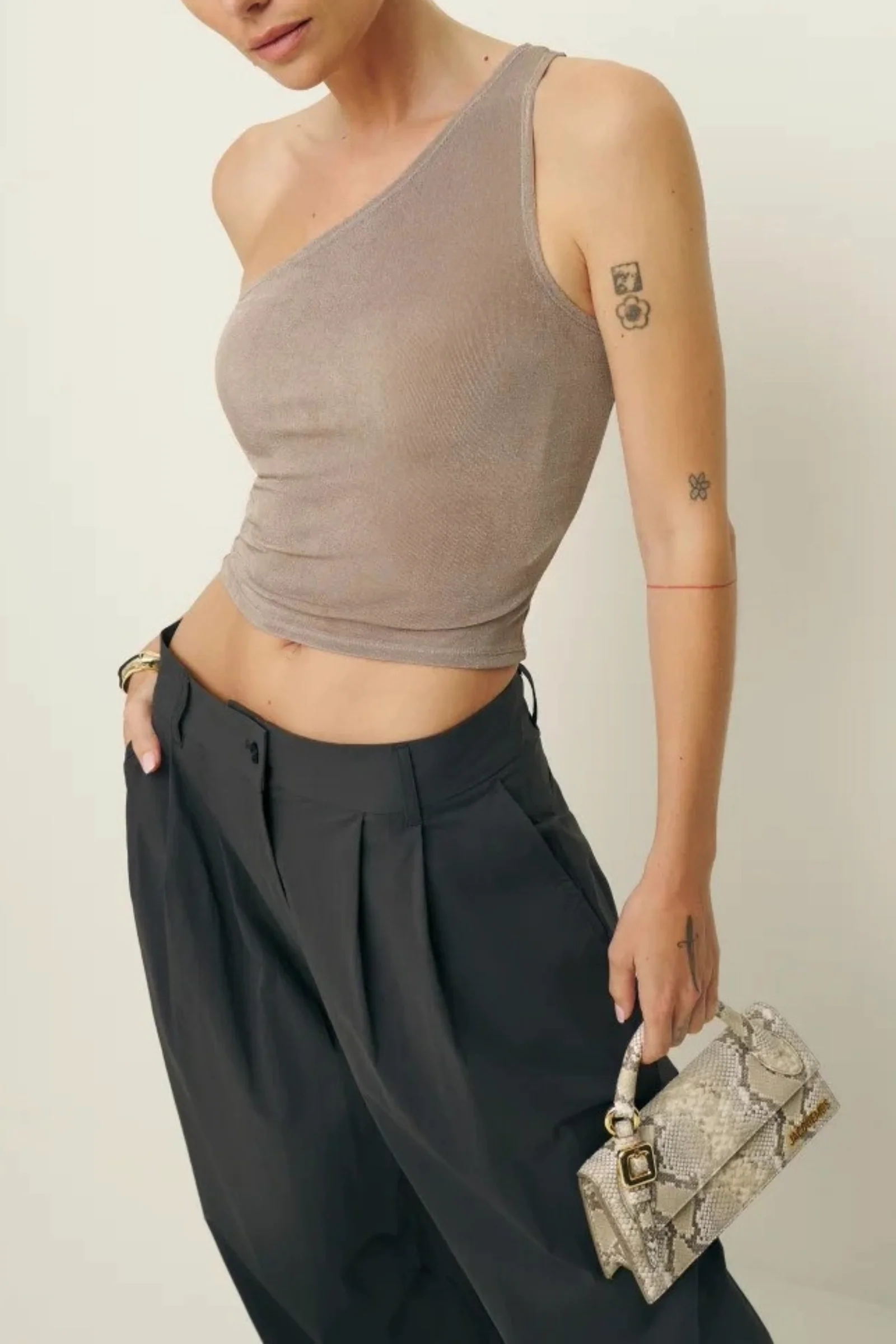 Reformation x Laura Harrier Taupe Maddie Knit One Shoulder Top