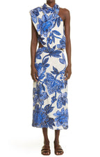 JOHANNA ORTIZ Gotas De Fuego Cutout Draped Floral-Jacquard Blue Midi Dress - House Of Huntington