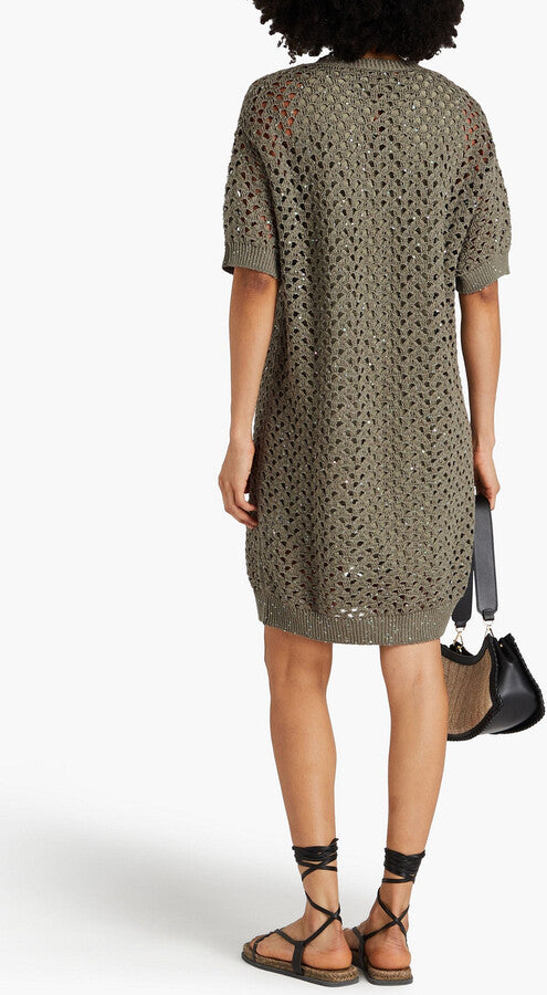 Brunello Cucinelli Green Crochet Open Knit Cotton Linen Silk Blend Dress