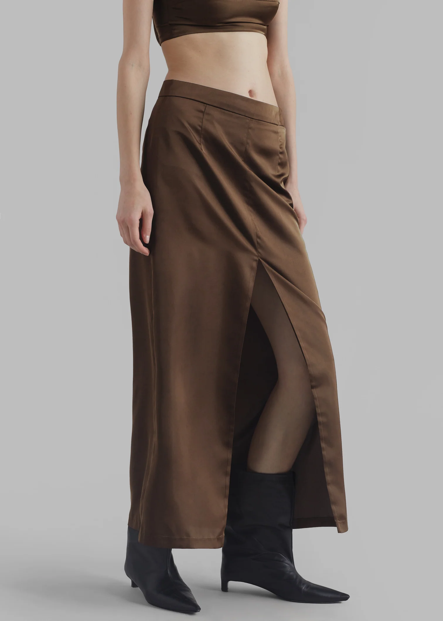 The Frankie Shop Kacey Brown Satin Split Front Midi Skirt
