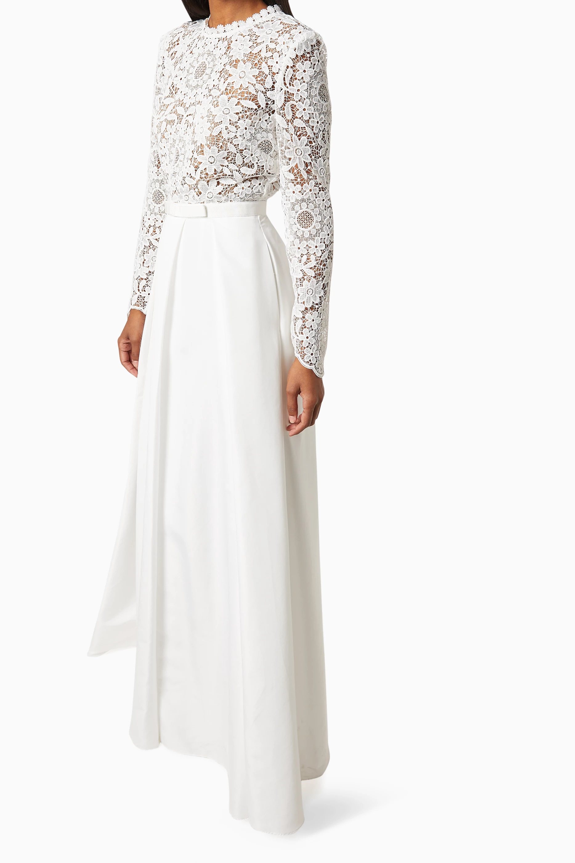 Self-Portrait White Guipure Lace And Taffeta Midi Dress