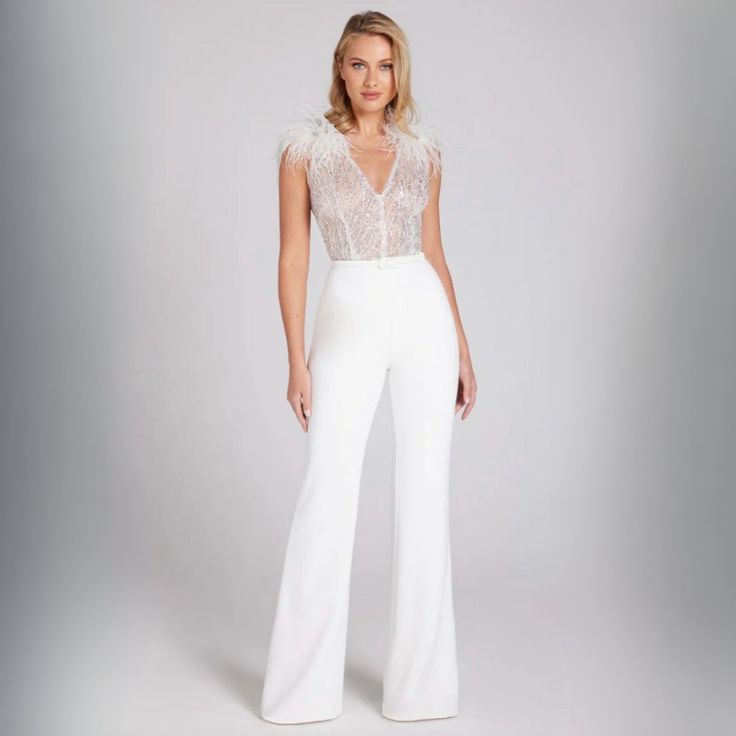 Nadine Merabi White Elissa Embellished Lace Feather Detail Jumpsuit