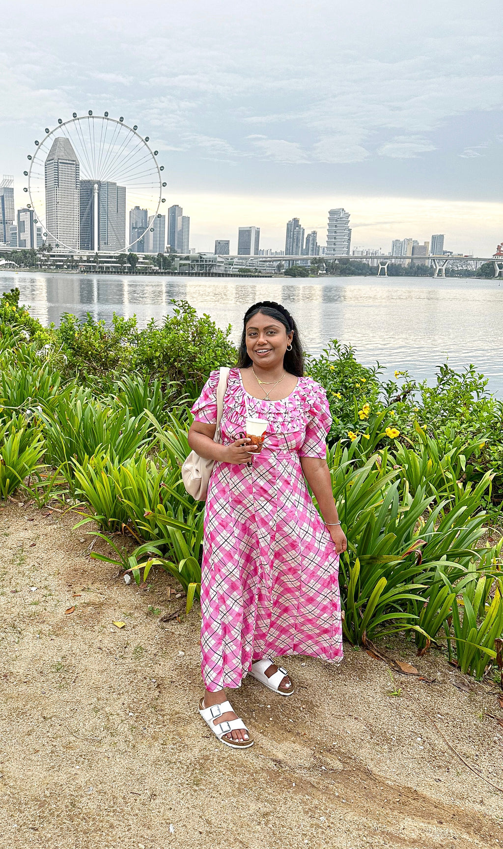 RIXO London Mariana Pink Check Print Ruffle Neck Silk Midi Dress - House Of Huntington