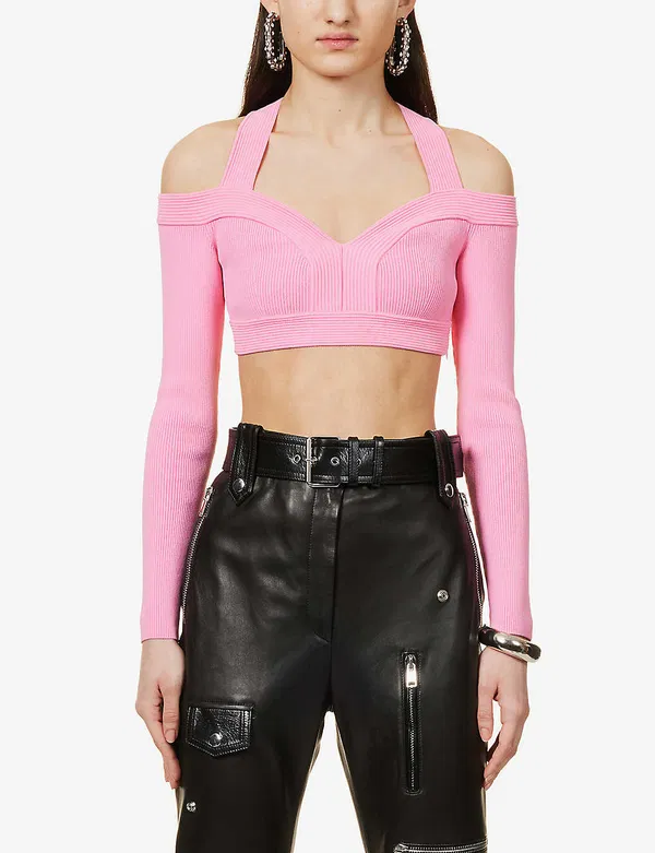 Alexander McQueen Pink Sweetheart Neck Cropped Rib Knit Long Sleeve Top