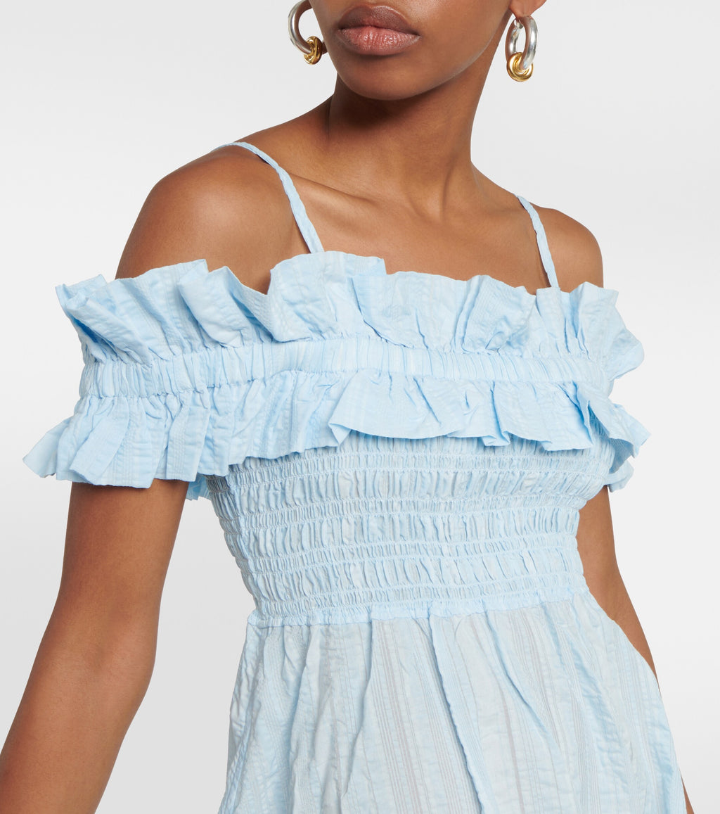 Ganni Blue Ruffle Detail Smock Off Shoulder Maxi Dress