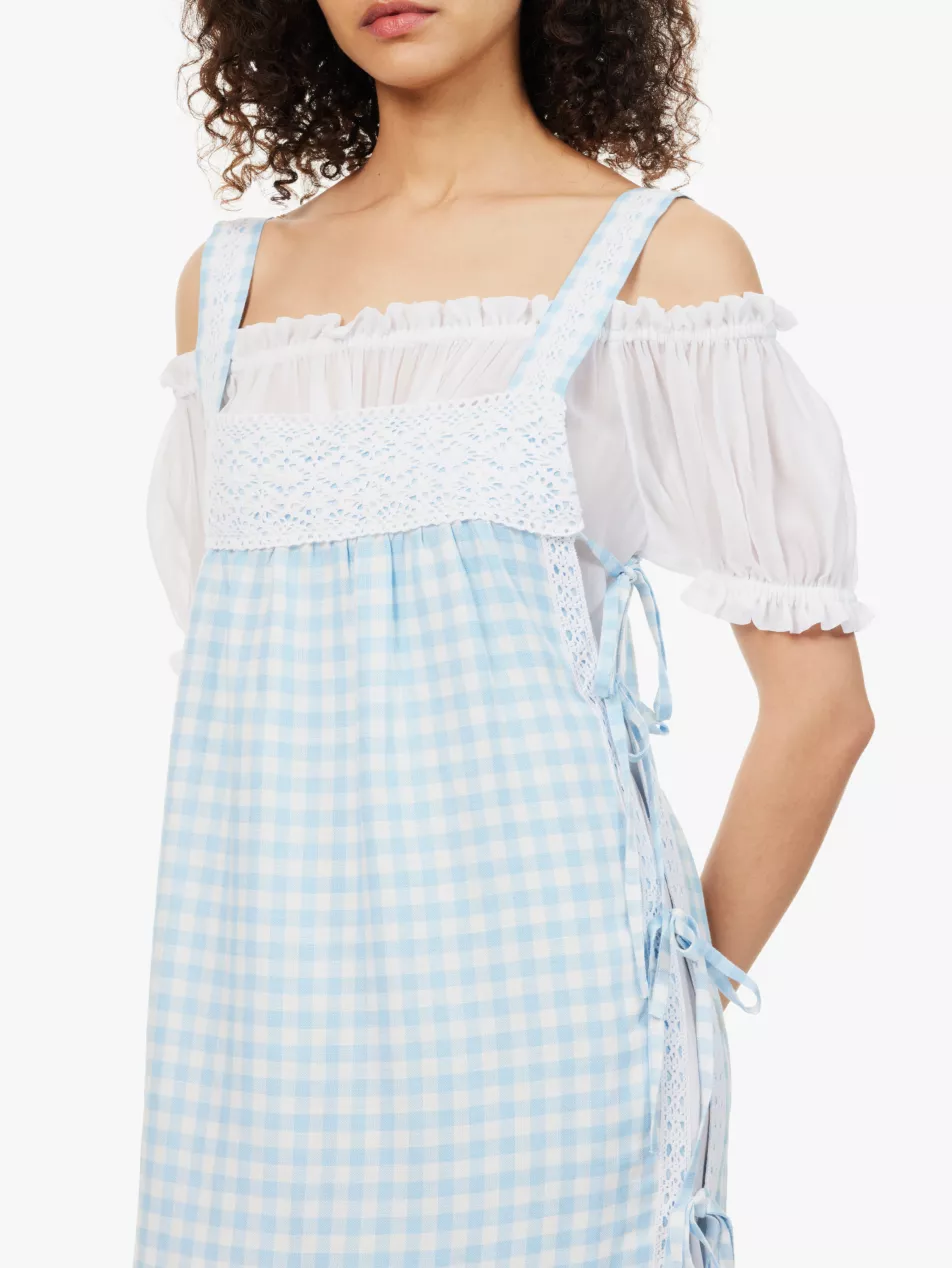 Sleeper Greta Gingham Blue White Pattern Linen Midi Dress