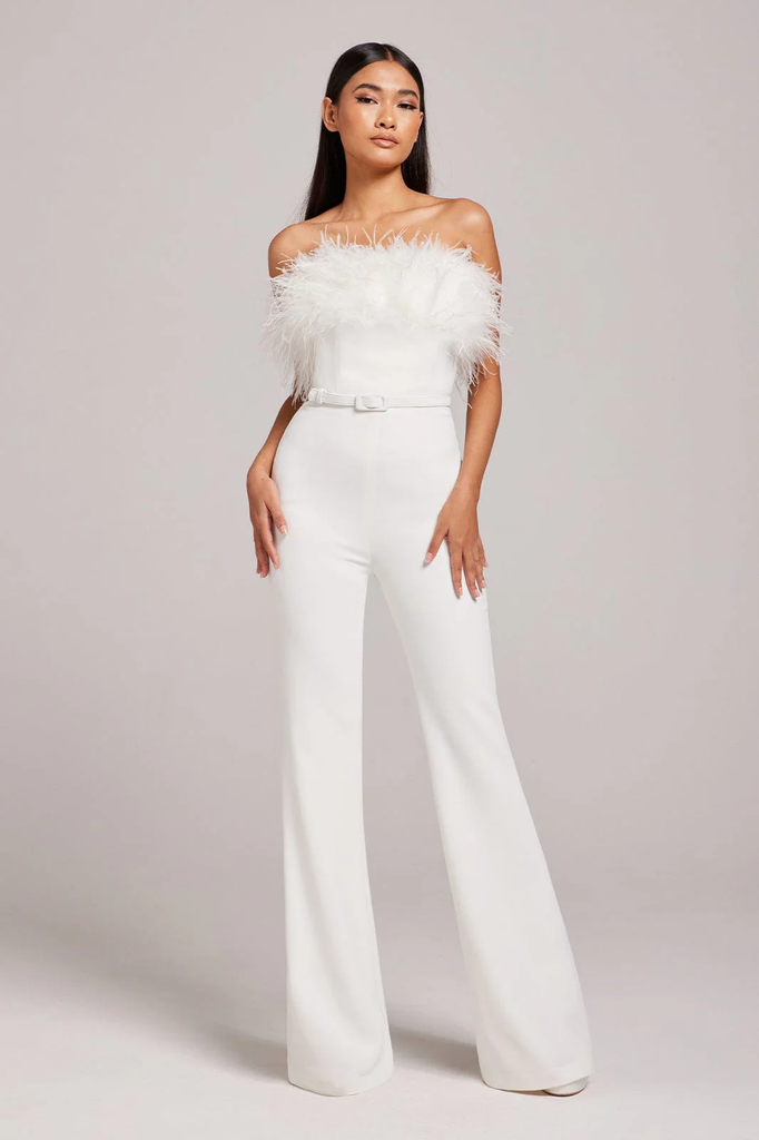 NADINE MERABI Colette White Corseted Strapless Feather Trim Jumpsuit - House Of Huntington