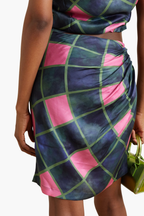 AHLUWALIA Patel Cutout Draped Navy Pink Check Printed Matte-Satin Mini Skirt - House Of Huntington