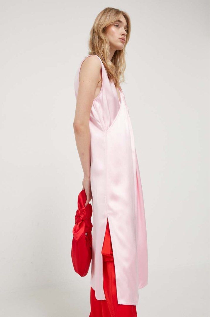 Stine Goya Pink Semi Heavy Satin V-Neck Sleeveless Midi Dress
