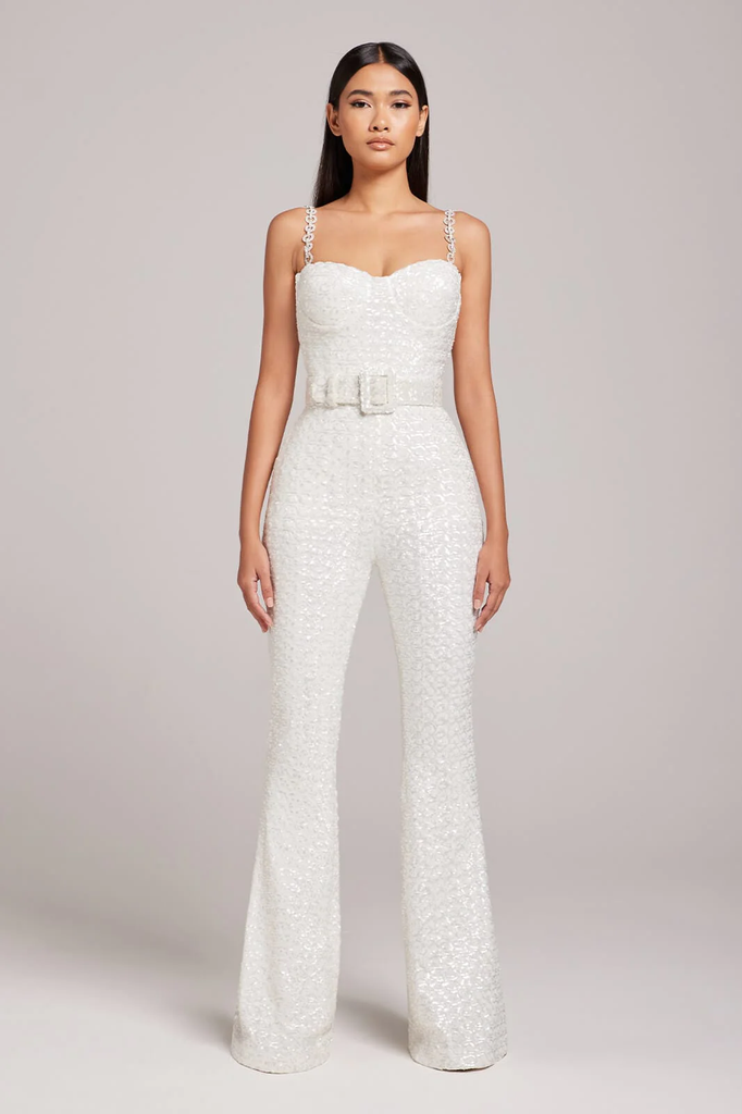 NADINE MERABI Lucinda White Sequinned Corseted Flared Leg Bridal Jumpsuit - House Of Huntington