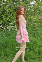 Amy Jane London Pink Iris Lace Coquette Corset Bodice Tiered Ruffle Tulle Hem Mini Dress - House Of Huntington