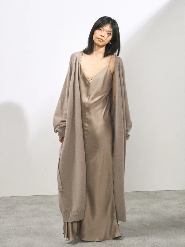 RAEY V-Neck Silk-Satin Beige Grey Maxi Dress - House Of Huntington
