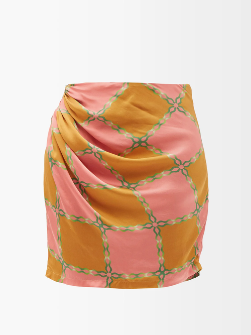 AHLUWALIA Silk Tumeric Pink Green Check Printed Tie Detail Skirt - House Of Huntington