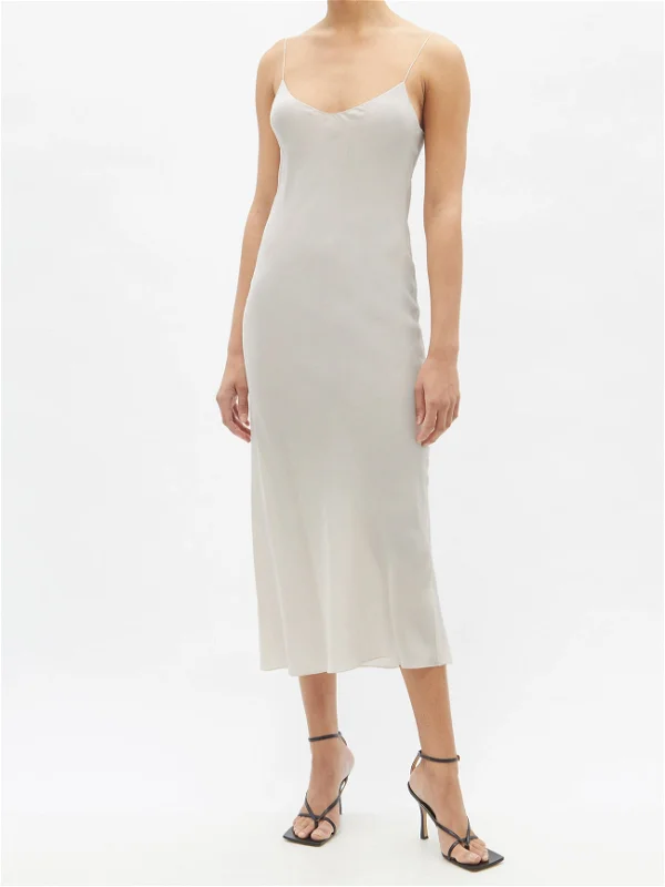 Raey Thin-Strap Silk Crepe De Chine Light Grey Slip Dress - House Of Huntington