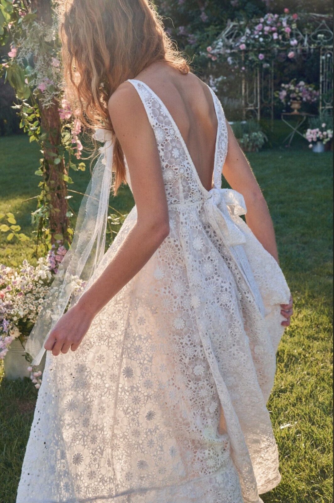 LoveShackFancy Bridal White Romantic Lace Bow Back Wedding Gown - House Of Huntington