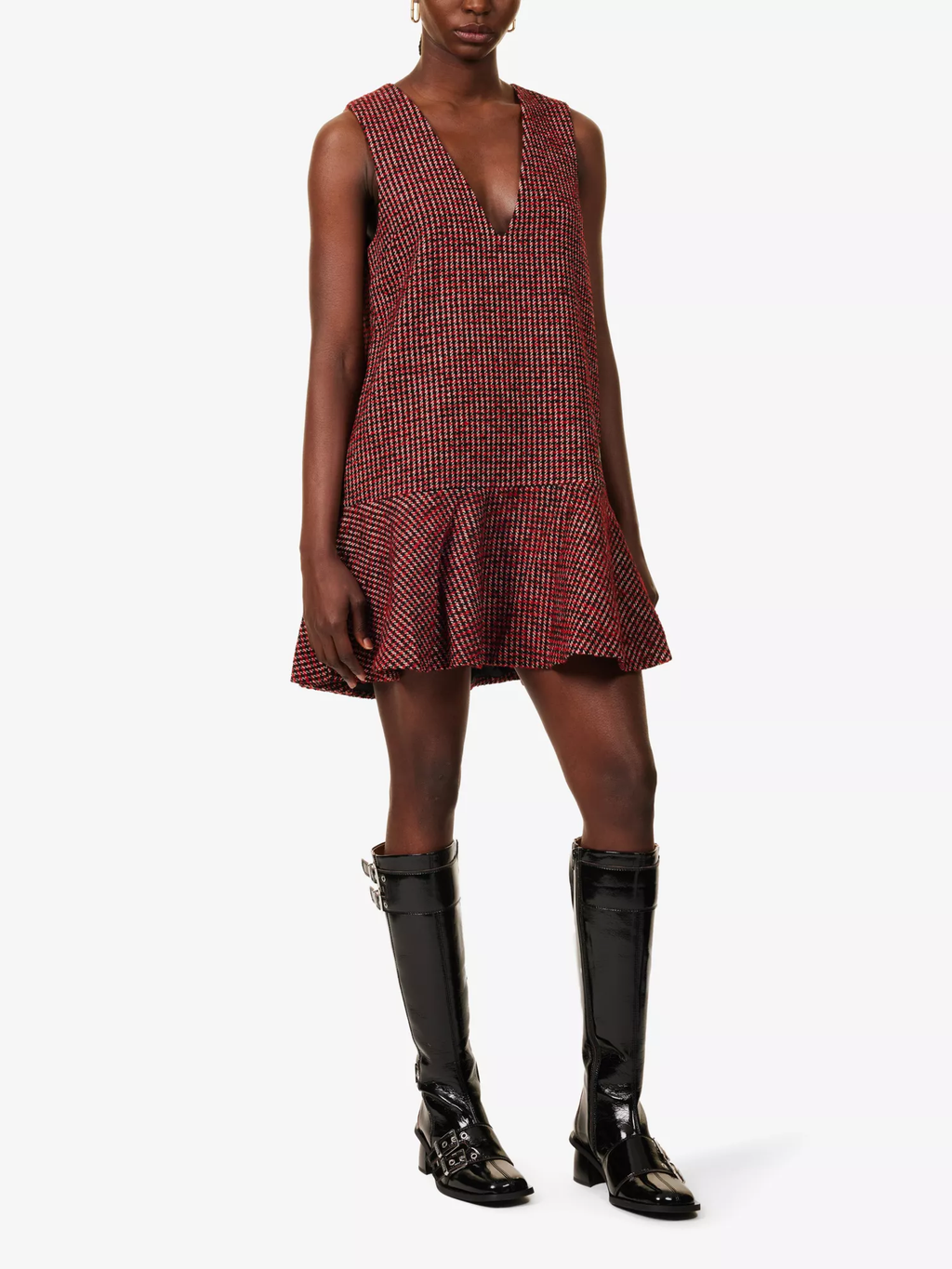 Ganni Red Tweed Check Pattern Red Mini Length Dress