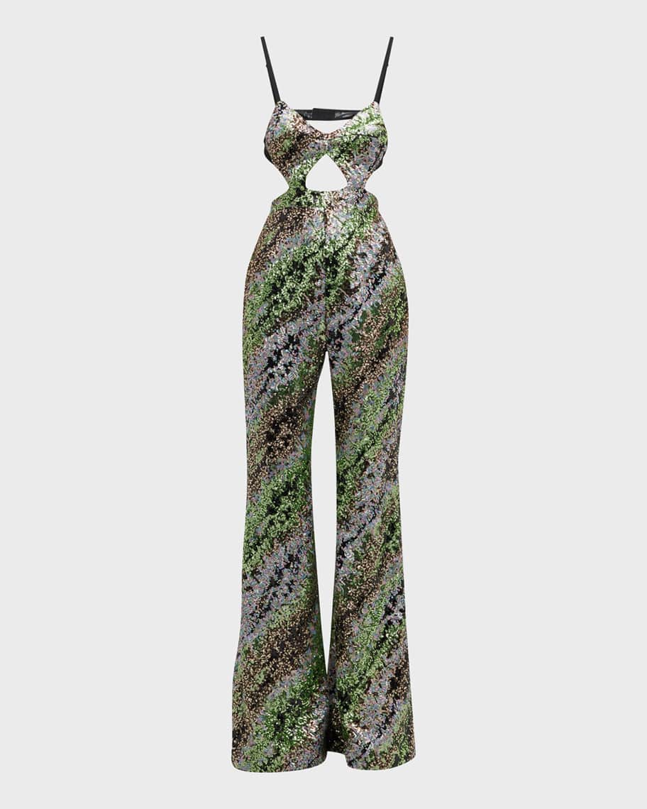 Halpern Sequin Emerald Green Cut-Out Bra Backless Party Mod 70s Jumpsuit
