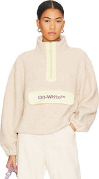 Off-White Logo Spellout Front Beige Teddy Fleece Zip-Up Neck Sweatshirt