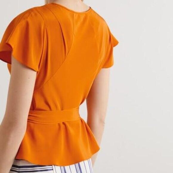 Diane Von Furstenberg DVF Orange Crepe De Chine Silk Wrap Blouse Top - House Of Huntington