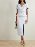 Self-Portrait Blue Boucle Tweed Folded Collar Diamante Button Detail Midi Dress