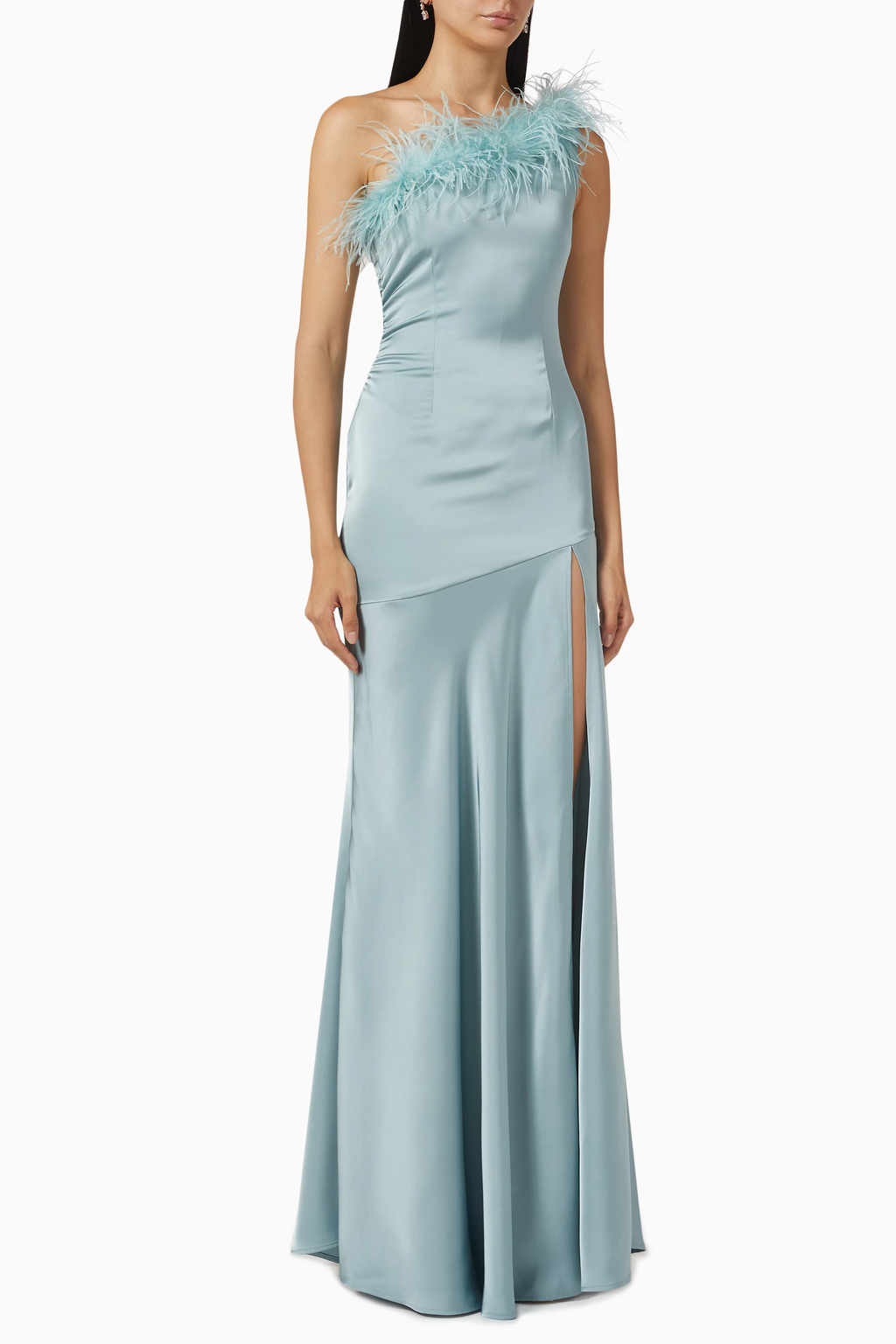 De La Vali Blue Satin Finca Feather Trim One Shoulder Gown Dress