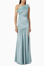 De La Vali Blue Satin Finca Feather Trim One Shoulder Gown Dress