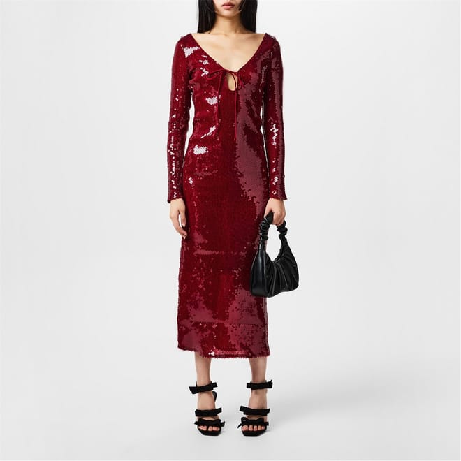 Robe midi rouge à sequins Bardot, bretelles et dos nu