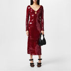 Robe midi rouge à sequins Bardot, bretelles et dos nu