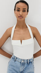 Reformation Arwen White Knit Halterneck Ruched Side Top