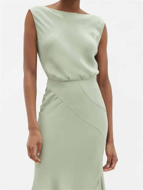 RAEY Cowl-Back Silk Seam Detail Pistachio Green Crepe De Chine Maxi Dress - House Of Huntington