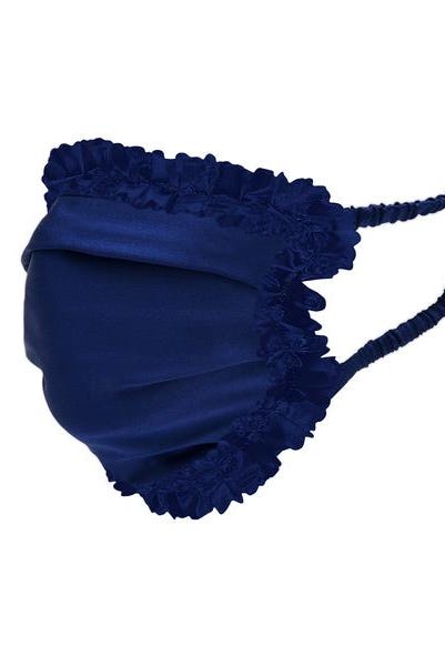 The Vampire's Wife Navy Blue Silk Ruffle Trim Face Mask - House Of Huntington