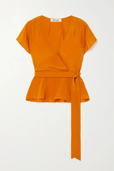 Diane Von Furstenberg DVF Orange Crepe De Chine Silk Wrap Blouse Top - House Of Huntington
