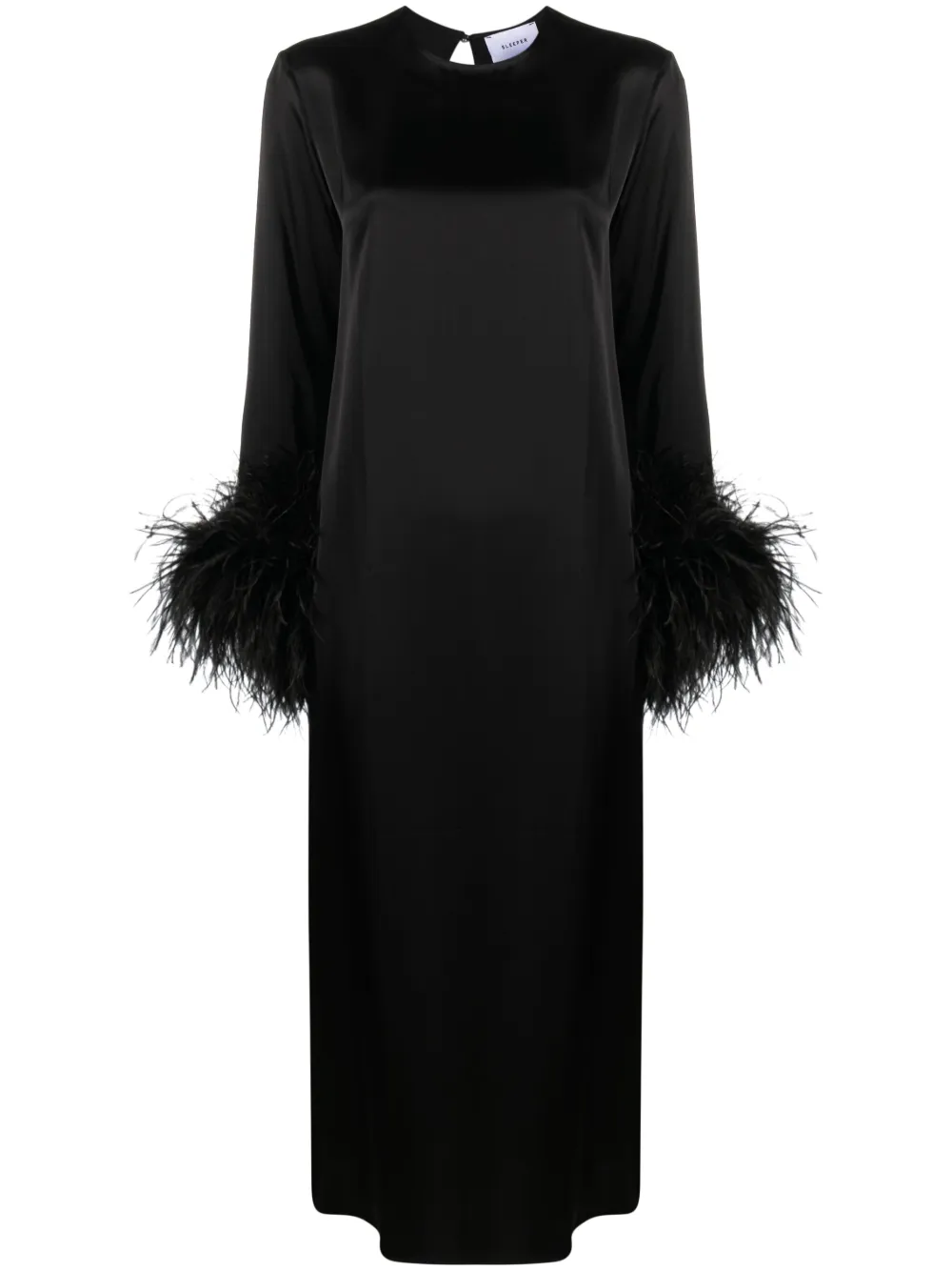 Sleeper Suzi Feather Cuffs Black Satin Maxi Dress