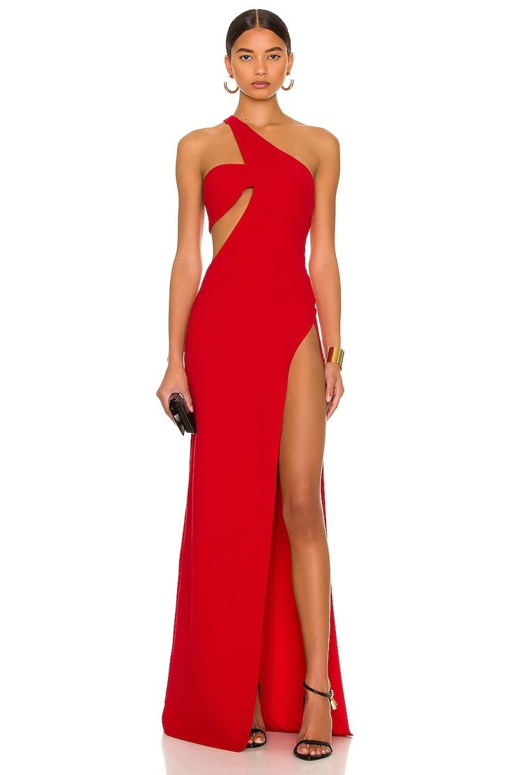 red dress leg cut out Maxi Dress Red Thigh Slit Dress Vesper Bengaline Cut-out Front Detail Thigh Slit Maxi Dress