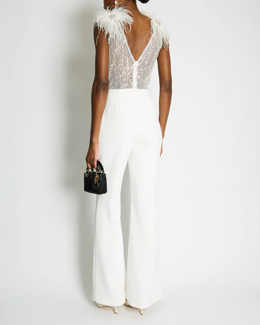 Nadine Merabi White Elissa Embellished Lace Feather Detail Jumpsuit